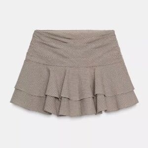 ZARA Tiered Mini Skort  in Taupe Gingham Schoolgirl nwt medium